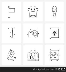 9 Interface Line Icon Set of modern symbols on image, photography, grilled, camera, golf Vector Illustration