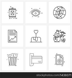 9 Interface Line Icon Set of modern symbols on love, report, globe, file, business Vector Illustration