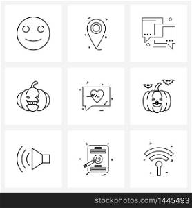 9 Interface Line Icon Set of modern symbols on message, Halloween, vegetables, web Vector Illustration
