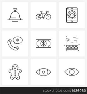 9 Interface Line Icon Set of modern symbols on money, call, ride, hospital, gear Vector Illustration