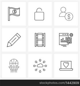 9 Interface Line Icon Set of modern symbols on movie, study, advisor, school, education Vector Illustration