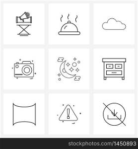 9 Interface Line Icon Set of modern symbols on new, photo, cloud, camera, weather Vector Illustration