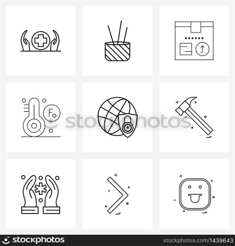 9 Interface Line Icon Set of modern symbols on protection, secure web, industrial, weather, degree Vector Illustration