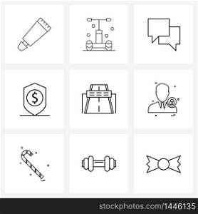 9 Interface Line Icon Set of modern symbols on road sign, board, chat, road sign board, money Vector Illustration