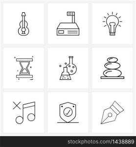 9 Interface Line Icon Set of modern symbols on science, chemical flask, bulb, pointer, wait Vector Illustration