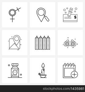 9 Interface Line Icon Set of modern symbols on tower, navigation, zoom, navigation, check Vector Illustration