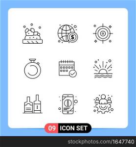 9 Line Black Icon Pack Outline Symbols for Mobile Apps isolated on white background. 9 Icons Set.. Creative Black Icon vector background