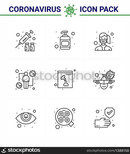 9 Line Coronavirus disease and prevention vector icon bone, intect, mask, human, coronavirus viral coronavirus 2019-nov disease Vector Design Elements