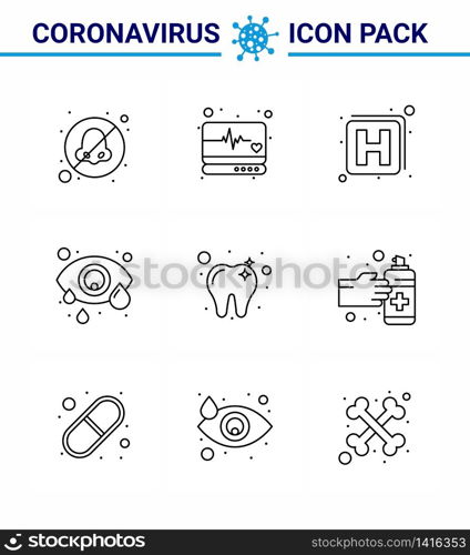 9 Line Coronavirus disease and prevention vector icon tooth, care, hospital, human eye, eye viral coronavirus 2019-nov disease Vector Design Elements