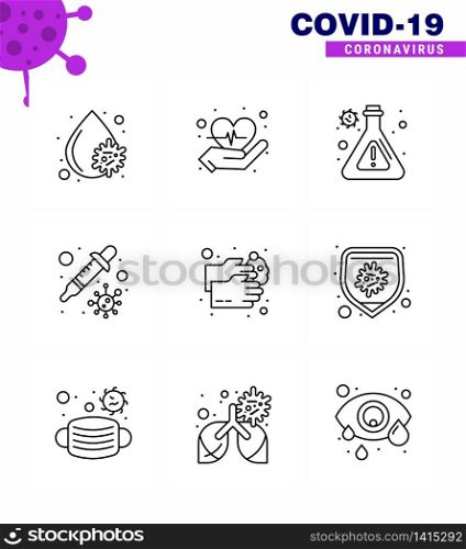 9 Line Coronavirus disease and prevention vector icon washing, healthcare, lab, hand wash, transmission viral coronavirus 2019-nov disease Vector Design Elements