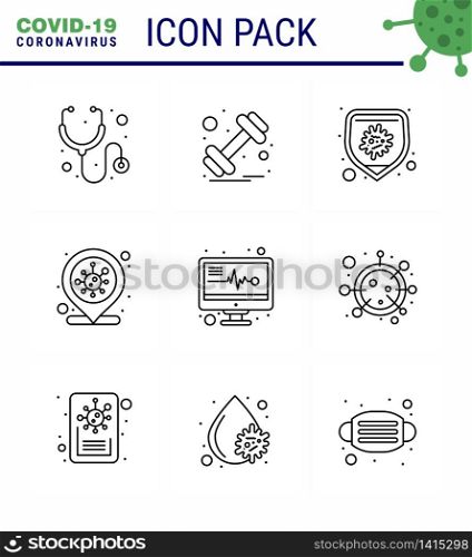 9 Line coronavirus epidemic icon pack suck as reports, medical electronics, bacteria, infection place, coronavirus viral coronavirus 2019-nov disease Vector Design Elements