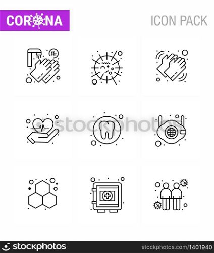 9 Line Set of corona virus epidemic icons. such as dental, heart, virus, care, dry viral coronavirus 2019-nov disease Vector Design Elements
