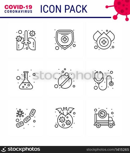 9 Line Set of corona virus epidemic icons. such as tablets, medicine, blood, test, lab viral coronavirus 2019-nov disease Vector Design Elements