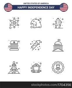 9 Line Signs for USA Independence Day fireworks  celebration  flower  hat  entertainment Editable USA Day Vector Design Elements