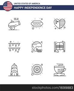 9 Line Signs for USA Independence Day helmet  american  heart  paper  festival Editable USA Day Vector Design Elements