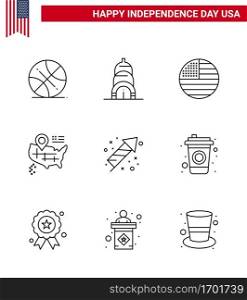 9 Line Signs for USA Independence Day holiday; festivity; flag; celebration; map Editable USA Day Vector Design Elements