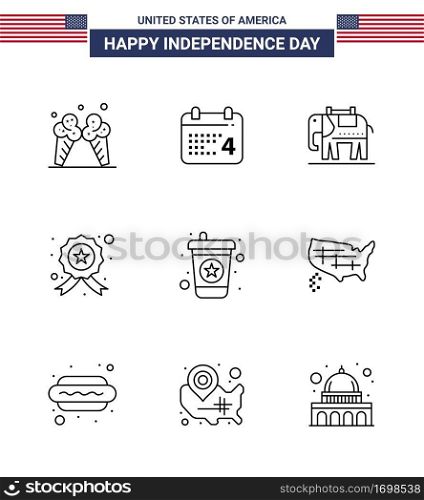9 Line Signs for USA Independence Day soda; beverage; elephent; police; investigating Editable USA Day Vector Design Elements