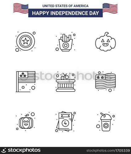 9 Line Signs for USA Independence Day sticks; drum; pumkin; usa; country Editable USA Day Vector Design Elements