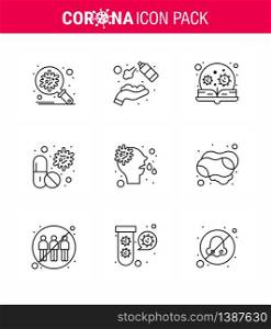 9 Line viral Virus corona icon pack such as capsule, virus, wash, virus, loupe viral coronavirus 2019-nov disease Vector Design Elements