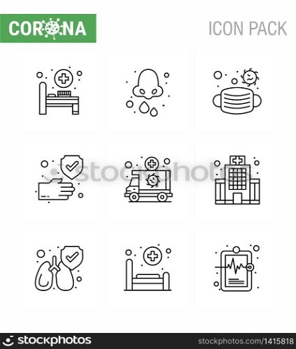 9 Line viral Virus corona icon pack such as emergency, safe, face, protection, clean viral coronavirus 2019-nov disease Vector Design Elements