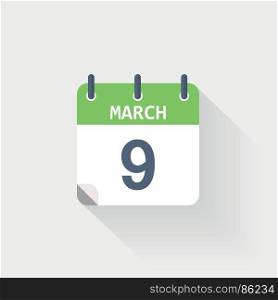 9 march calendar icon. 9 march calendar icon on grey background