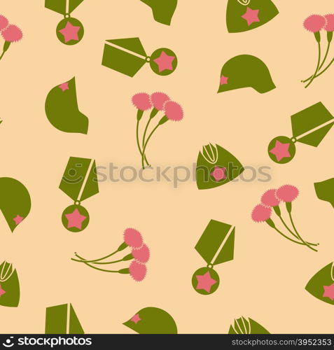 9 May. Victory day. Seamless pattern. Background of cloves, Cap, helmet, Medal