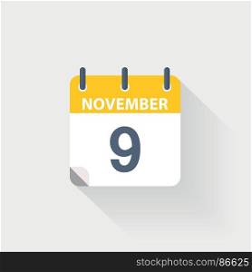 9 november calendar icon. 9 november calendar icon on grey background