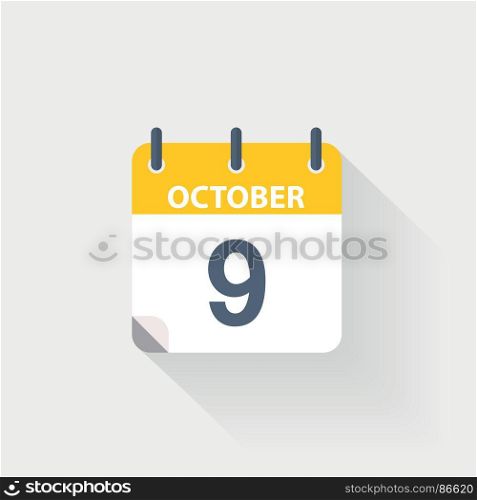 9 october calendar icon. 9 october calendar icon on grey background