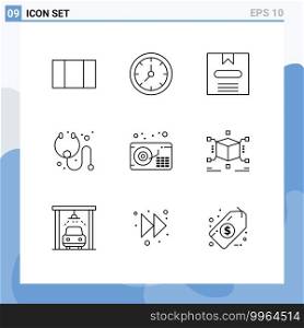 9 Outline concept for Websites Mobile and Apps jigsaw, music, e, gramophone, stethoscope Editable Vector Design Elements