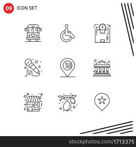9 Outline concept for Websites Mobile and Apps location, sound, box, microphone, time Editable Vector Design Elements