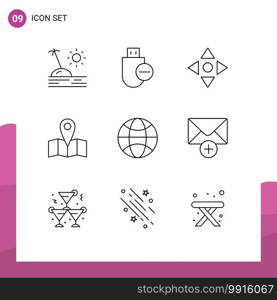 9 Outline concept for Websites Mobile and Apps science, globe, stick, journey, location Editable Vector Design Elements