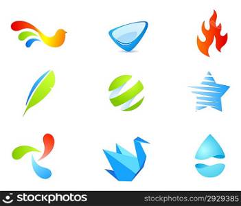 9 quality vector icons pack - different stylish abstract objects, fire flame, star, water drop, origami and bird shaped icons