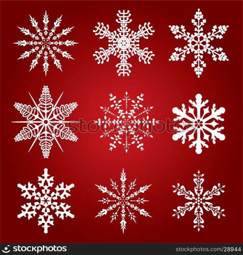9 snowflakes on red background