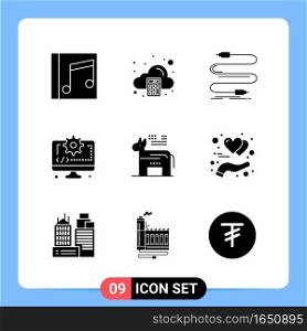 9 Solid Black Icon Pack Glyph Symbols for Mobile Apps isolated on white background. 9 Icons Set.. Creative Black Icon vector background