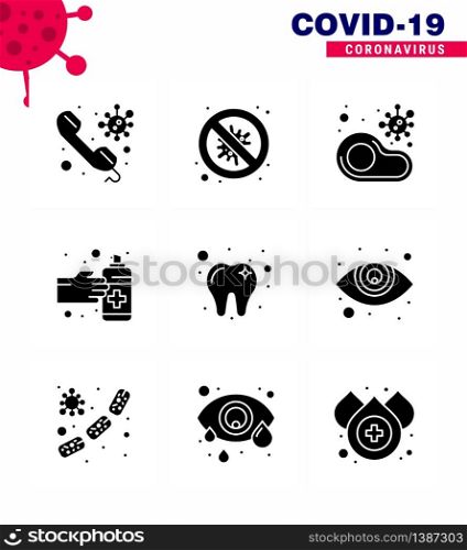9 Solid Glyph Black Corona Virus pandemic vector illustrations hands, steak, virus, restaurant, meat viral coronavirus 2019-nov disease Vector Design Elements