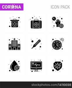 9 Solid Glyph Black Coronavirus Covid19 Icon pack such as time, clock, health care, thermometer, fever viral coronavirus 2019-nov disease Vector Design Elements