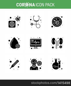 9 Solid Glyph Black Coronavirus disease and prevention vector icon reports, medical electronics, bacteria, positive, drop viral coronavirus 2019-nov disease Vector Design Elements