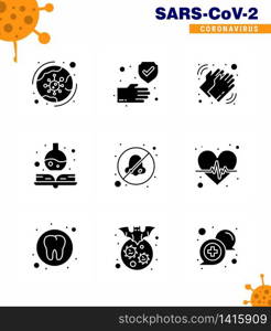 9 Solid Glyph Black coronavirus epidemic icon pack suck as breathe, medical, safe, handbook, dry viral coronavirus 2019-nov disease Vector Design Elements