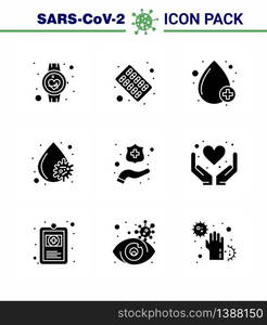 9 Solid Glyph Black coronavirus epidemic icon pack suck as protect hands, fever, medicine, blood virus, positive viral coronavirus 2019-nov disease Vector Design Elements