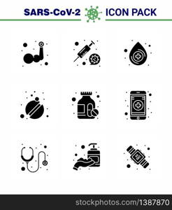 9 Solid Glyph Black Set of corona virus epidemic icons. such as medicine bottle, care, vaccine, tablets, medicine viral coronavirus 2019-nov disease Vector Design Elements