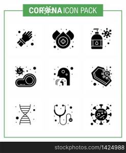 9 Solid Glyph Black Set of corona virus epidemic icons. such as healthcare, virus, manicure, transmission, food viral coronavirus 2019-nov disease Vector Design Elements