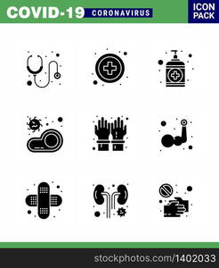 9 Solid Glyph Black viral Virus corona icon pack such as hand, virus, soap, transmission, food viral coronavirus 2019-nov disease Vector Design Elements