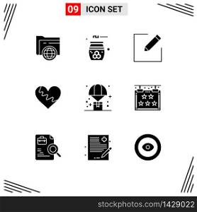 9 Solid Glyph concept for Websites Mobile and Apps balloon, favorite, relaxation, like, heart Editable Vector Design Elements
