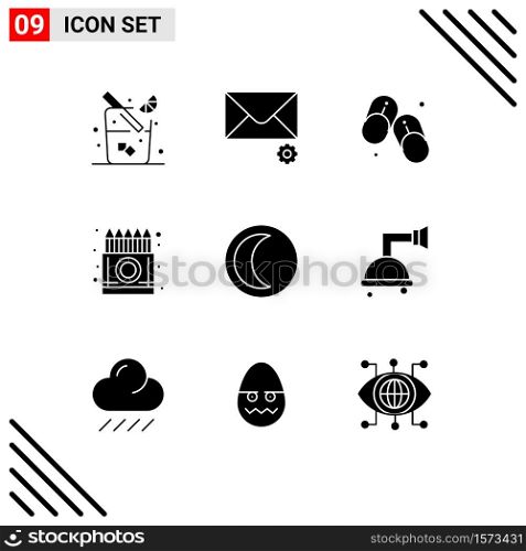 9 Solid Glyph concept for Websites Mobile and Apps night, moon, slippers, pencil, crayons Editable Vector Design Elements