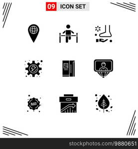 9 Solid Glyph concept for Websites Mobile and Apps refregerator, process, foot, gear, therapy Editable Vector Design Elements