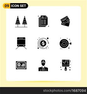 9 Solid Glyph concept for Websites Mobile and Apps train, shopping, record, money, credit card Editable Vector Design Elements