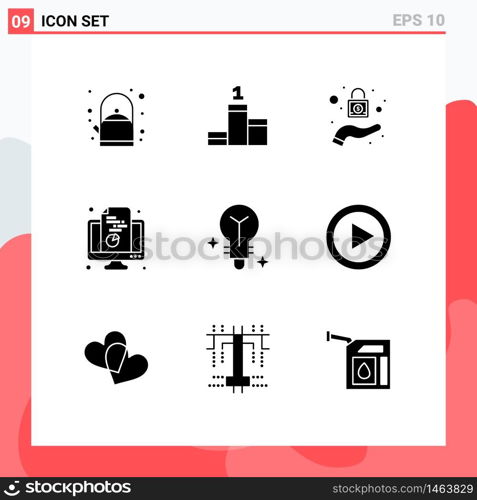 9 Solid Glyph concept for Websites Mobile and Apps video, light, security, bulb, pie Editable Vector Design Elements