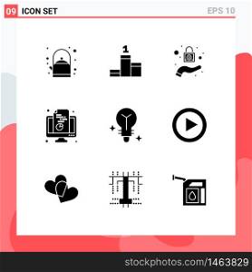 9 Solid Glyph concept for Websites Mobile and Apps video, light, security, bulb, pie Editable Vector Design Elements