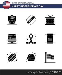 9 Solid Glyph Signs for USA Independence Day ice hockey  security  instrument  usa  shield Editable USA Day Vector Design Elements