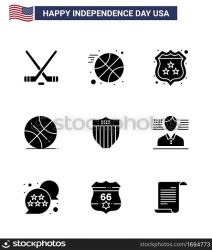 9 Solid Glyph Signs for USA Independence Day seurity  american  security  usa  ball Editable USA Day Vector Design Elements